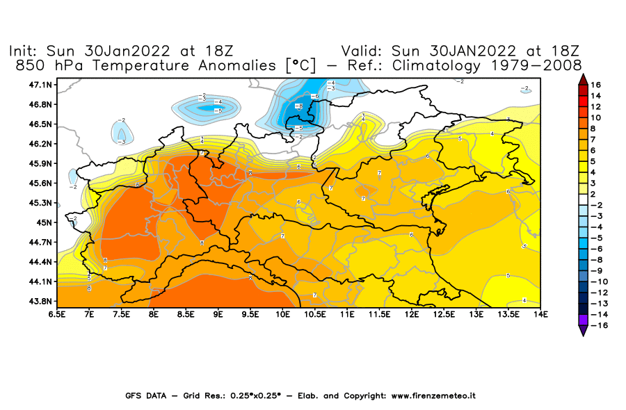 Mappa di analisi GFS - Anomalia Temperatura [°C] a 850 hPa in Nord-Italia
							del 30/01/2022 18 <!--googleoff: index-->UTC<!--googleon: index-->