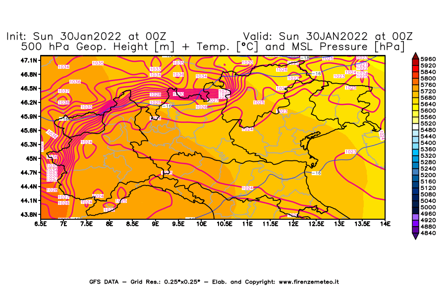 Mappa di analisi GFS - Geopotenziale [m] + Temp. [°C] a 500 hPa + Press. a livello del mare [hPa] in Nord-Italia
							del 30/01/2022 00 <!--googleoff: index-->UTC<!--googleon: index-->
