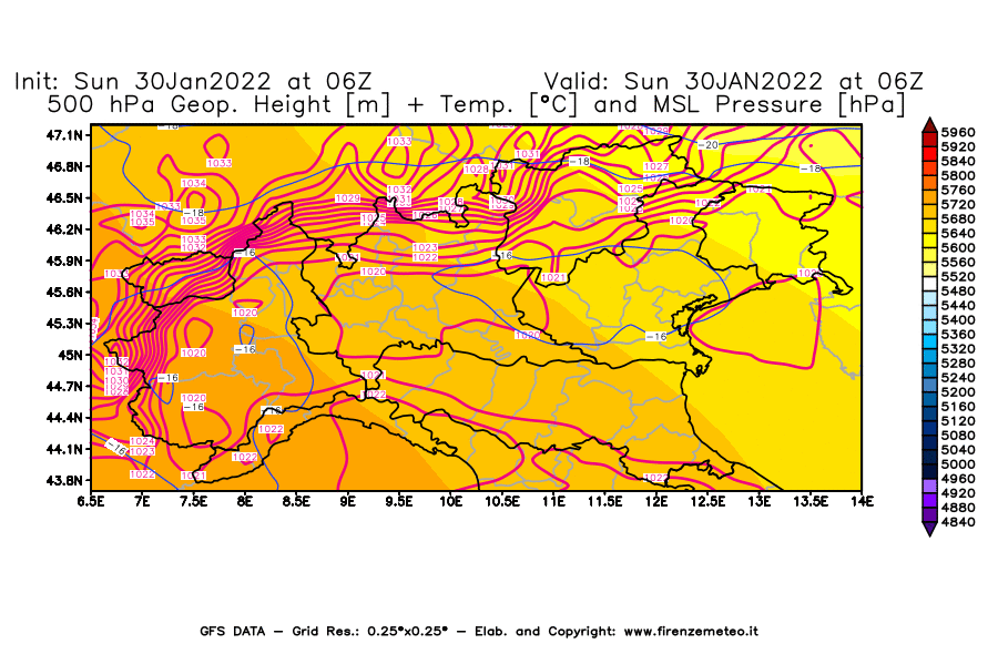 Mappa di analisi GFS - Geopotenziale [m] + Temp. [°C] a 500 hPa + Press. a livello del mare [hPa] in Nord-Italia
							del 30/01/2022 06 <!--googleoff: index-->UTC<!--googleon: index-->