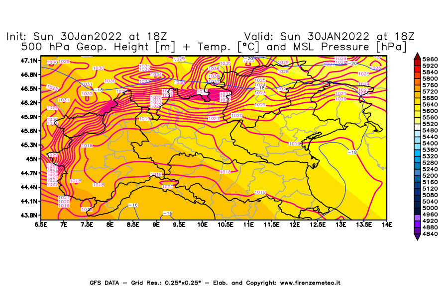 Mappa di analisi GFS - Geopotenziale [m] + Temp. [°C] a 500 hPa + Press. a livello del mare [hPa] in Nord-Italia
							del 30/01/2022 18 <!--googleoff: index-->UTC<!--googleon: index-->