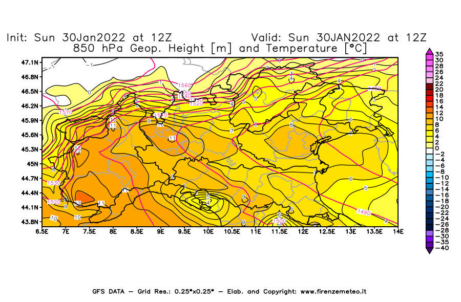 Mappa di analisi GFS - Geopotenziale [m] e Temperatura [°C] a 850 hPa in Nord-Italia
							del 30/01/2022 12 <!--googleoff: index-->UTC<!--googleon: index-->