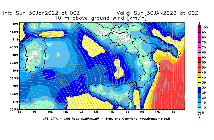 Mappa di analisi GFS - Velocità del vento a 10 metri dal suolo [km/h] in Sud-Italia
							del 30/01/2022 00 <!--googleoff: index-->UTC<!--googleon: index-->