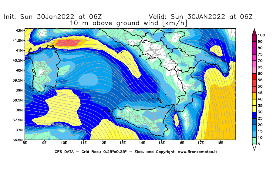 Mappa di analisi GFS - Velocità del vento a 10 metri dal suolo [km/h] in Sud-Italia
							del 30/01/2022 06 <!--googleoff: index-->UTC<!--googleon: index-->