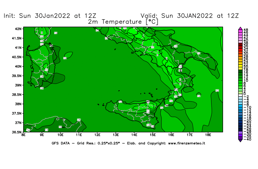 Mappa di analisi GFS - Temperatura a 2 metri dal suolo [°C] in Sud-Italia
							del 30/01/2022 12 <!--googleoff: index-->UTC<!--googleon: index-->