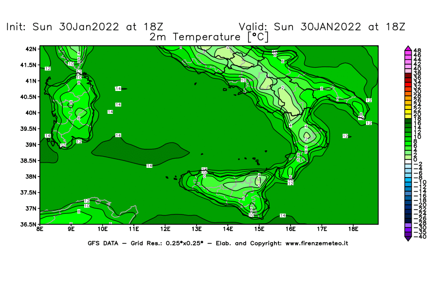 Mappa di analisi GFS - Temperatura a 2 metri dal suolo [°C] in Sud-Italia
							del 30/01/2022 18 <!--googleoff: index-->UTC<!--googleon: index-->