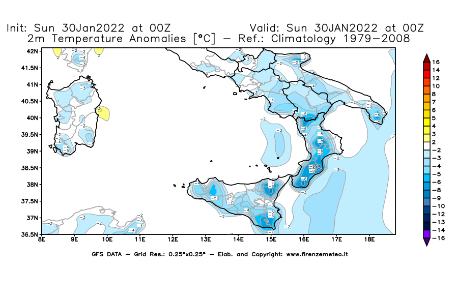 Mappa di analisi GFS - Anomalia Temperatura [°C] a 2 m in Sud-Italia
							del 30/01/2022 00 <!--googleoff: index-->UTC<!--googleon: index-->