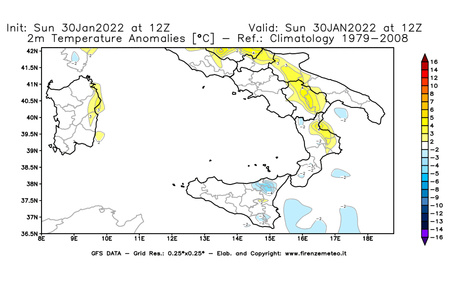 Mappa di analisi GFS - Anomalia Temperatura [°C] a 2 m in Sud-Italia
							del 30/01/2022 12 <!--googleoff: index-->UTC<!--googleon: index-->