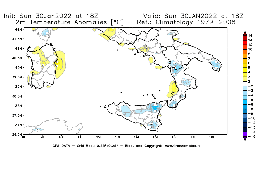 Mappa di analisi GFS - Anomalia Temperatura [°C] a 2 m in Sud-Italia
							del 30/01/2022 18 <!--googleoff: index-->UTC<!--googleon: index-->