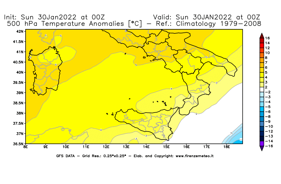 Mappa di analisi GFS - Anomalia Temperatura [°C] a 500 hPa in Sud-Italia
							del 30/01/2022 00 <!--googleoff: index-->UTC<!--googleon: index-->