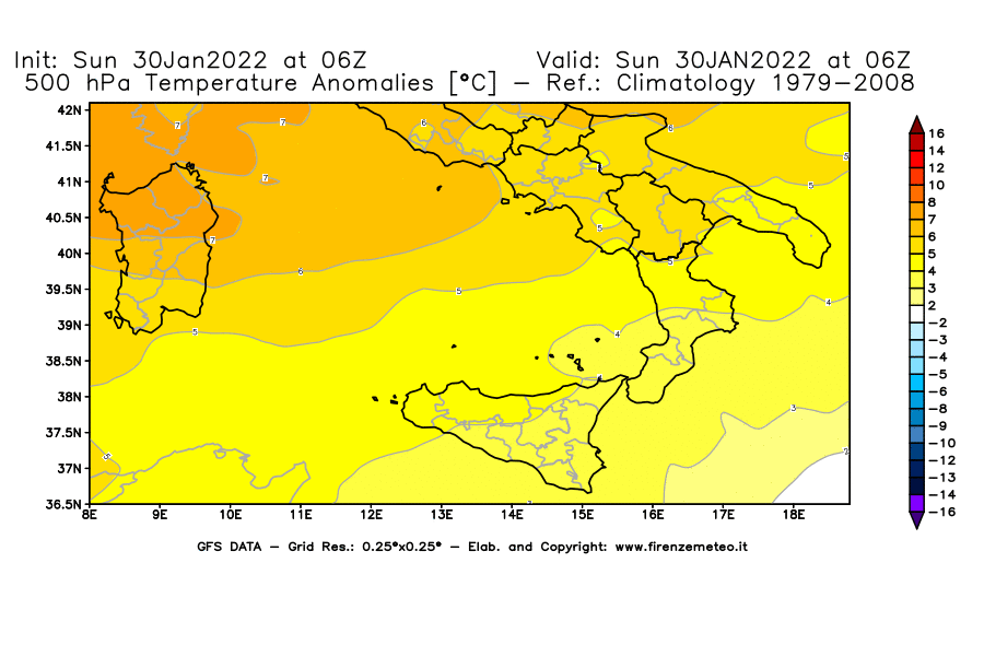 Mappa di analisi GFS - Anomalia Temperatura [°C] a 500 hPa in Sud-Italia
							del 30/01/2022 06 <!--googleoff: index-->UTC<!--googleon: index-->