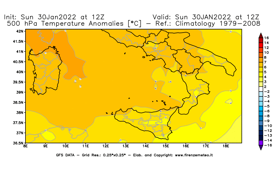 Mappa di analisi GFS - Anomalia Temperatura [°C] a 500 hPa in Sud-Italia
							del 30/01/2022 12 <!--googleoff: index-->UTC<!--googleon: index-->
