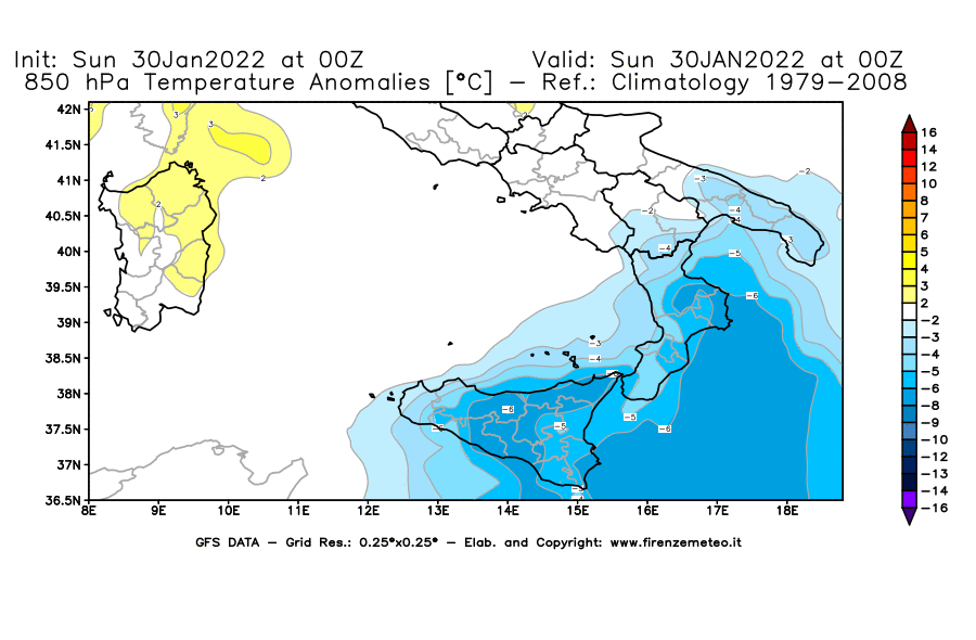 Mappa di analisi GFS - Anomalia Temperatura [°C] a 850 hPa in Sud-Italia
							del 30/01/2022 00 <!--googleoff: index-->UTC<!--googleon: index-->