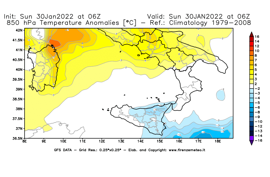 Mappa di analisi GFS - Anomalia Temperatura [°C] a 850 hPa in Sud-Italia
							del 30/01/2022 06 <!--googleoff: index-->UTC<!--googleon: index-->