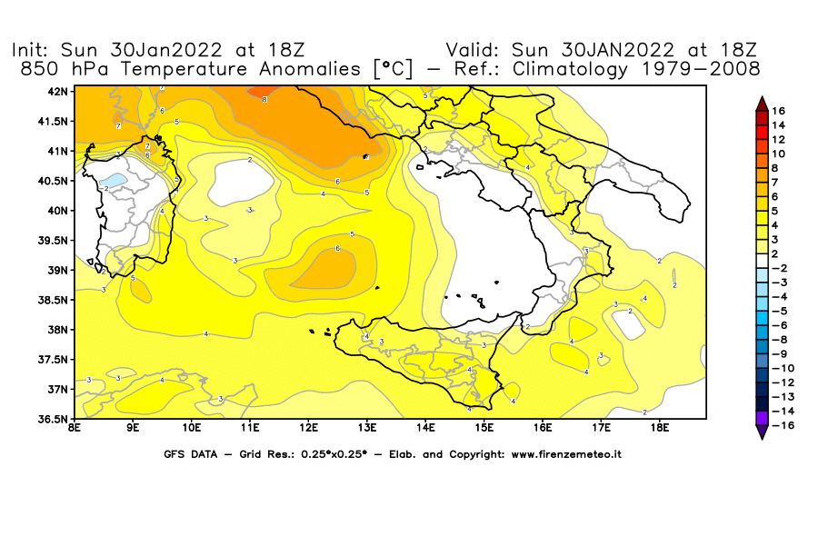 Mappa di analisi GFS - Anomalia Temperatura [°C] a 850 hPa in Sud-Italia
							del 30/01/2022 18 <!--googleoff: index-->UTC<!--googleon: index-->