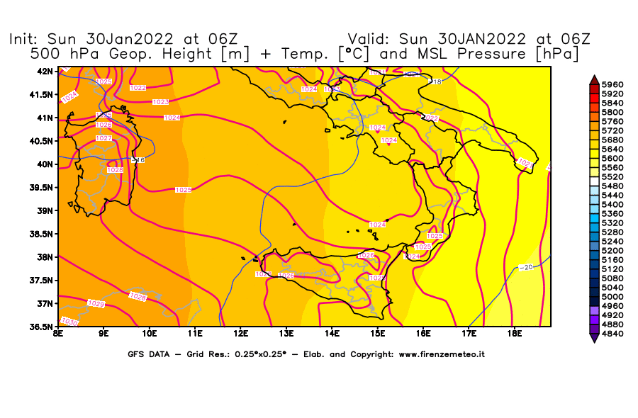 Mappa di analisi GFS - Geopotenziale [m] + Temp. [°C] a 500 hPa + Press. a livello del mare [hPa] in Sud-Italia
							del 30/01/2022 06 <!--googleoff: index-->UTC<!--googleon: index-->