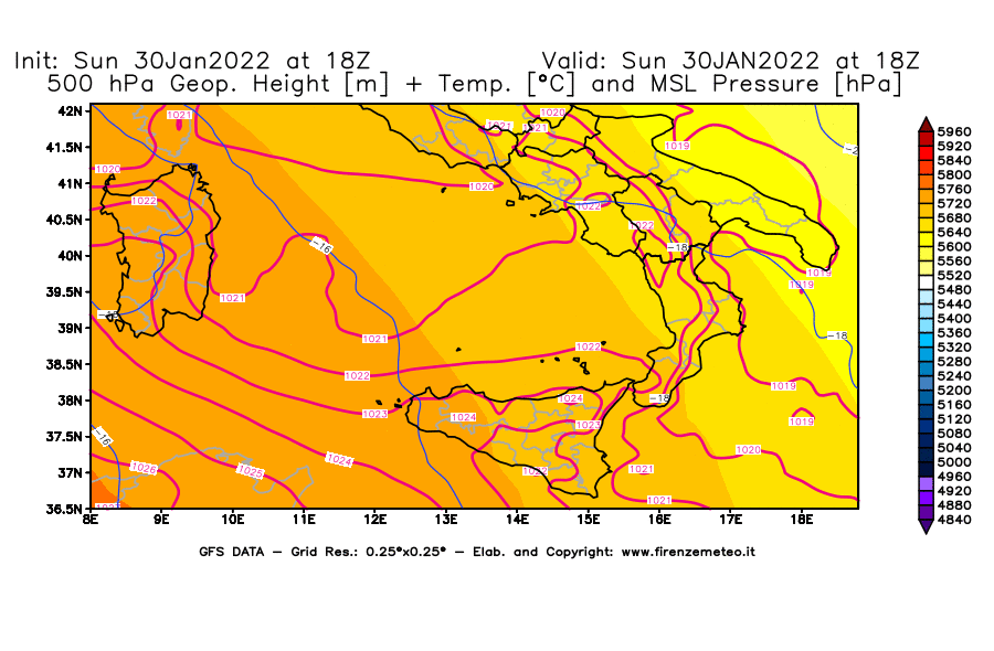 Mappa di analisi GFS - Geopotenziale [m] + Temp. [°C] a 500 hPa + Press. a livello del mare [hPa] in Sud-Italia
							del 30/01/2022 18 <!--googleoff: index-->UTC<!--googleon: index-->