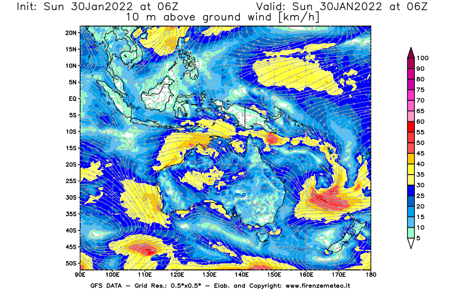 Mappa di analisi GFS - Velocità del vento a 10 metri dal suolo [km/h] in Oceania
							del 30/01/2022 06 <!--googleoff: index-->UTC<!--googleon: index-->