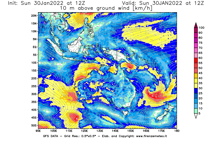 Mappa di analisi GFS - Velocità del vento a 10 metri dal suolo [km/h] in Oceania
							del 30/01/2022 12 <!--googleoff: index-->UTC<!--googleon: index-->