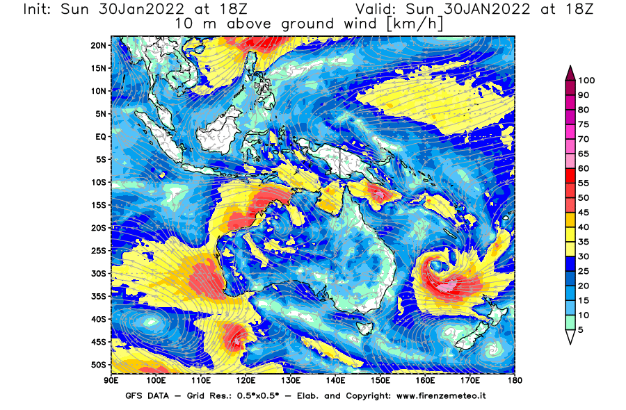 Mappa di analisi GFS - Velocità del vento a 10 metri dal suolo [km/h] in Oceania
							del 30/01/2022 18 <!--googleoff: index-->UTC<!--googleon: index-->