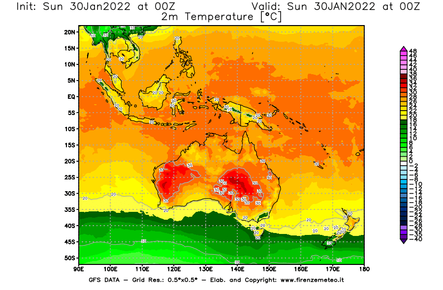 Mappa di analisi GFS - Temperatura a 2 metri dal suolo [°C] in Oceania
							del 30/01/2022 00 <!--googleoff: index-->UTC<!--googleon: index-->