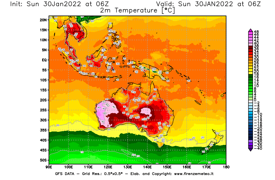 Mappa di analisi GFS - Temperatura a 2 metri dal suolo [°C] in Oceania
							del 30/01/2022 06 <!--googleoff: index-->UTC<!--googleon: index-->
