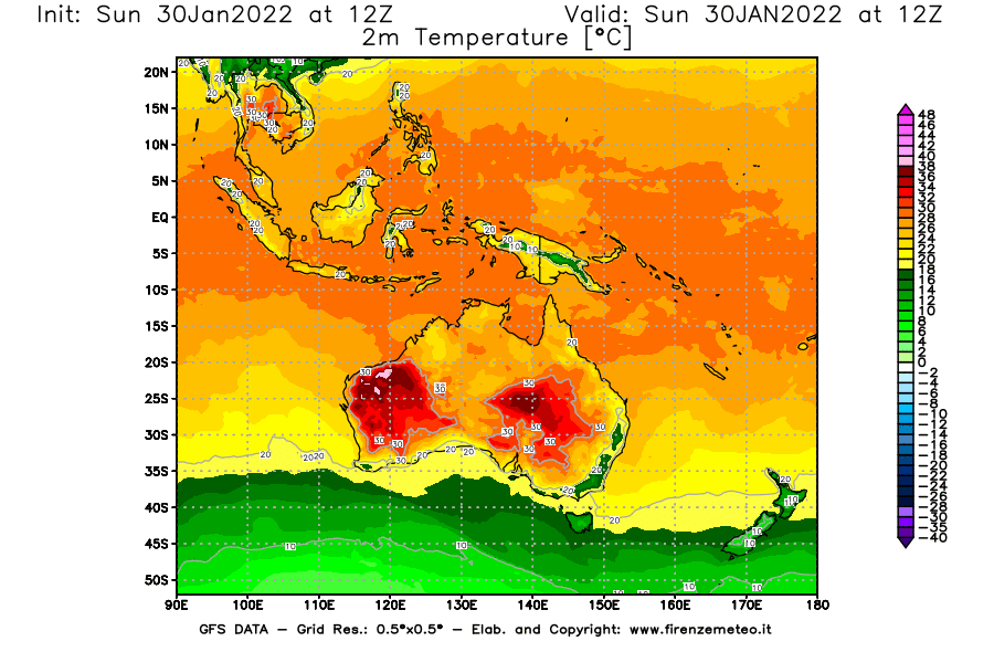 Mappa di analisi GFS - Temperatura a 2 metri dal suolo [°C] in Oceania
							del 30/01/2022 12 <!--googleoff: index-->UTC<!--googleon: index-->
