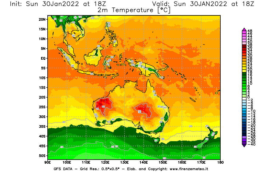 Mappa di analisi GFS - Temperatura a 2 metri dal suolo [°C] in Oceania
							del 30/01/2022 18 <!--googleoff: index-->UTC<!--googleon: index-->