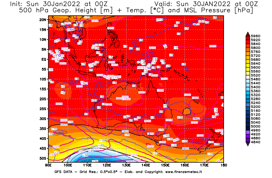 Mappa di analisi GFS - Geopotenziale [m] + Temp. [°C] a 500 hPa + Press. a livello del mare [hPa] in Oceania
							del 30/01/2022 00 <!--googleoff: index-->UTC<!--googleon: index-->