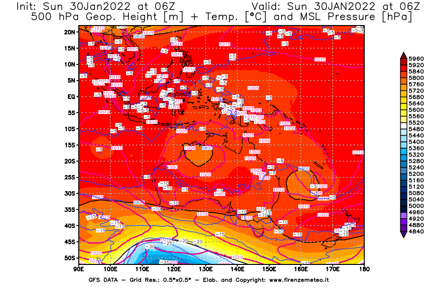 Mappa di analisi GFS - Geopotenziale [m] + Temp. [°C] a 500 hPa + Press. a livello del mare [hPa] in Oceania
							del 30/01/2022 06 <!--googleoff: index-->UTC<!--googleon: index-->