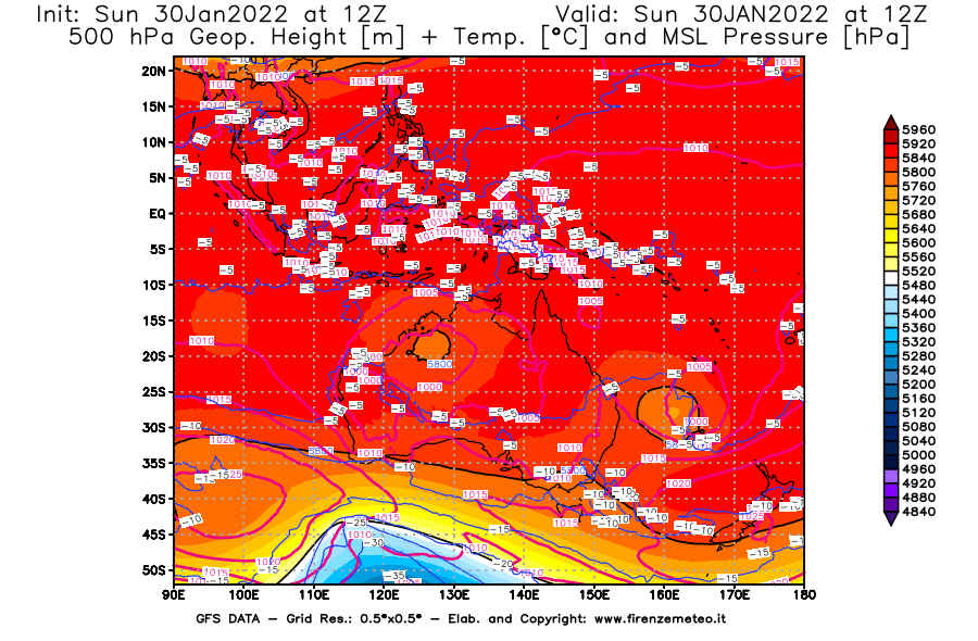 Mappa di analisi GFS - Geopotenziale [m] + Temp. [°C] a 500 hPa + Press. a livello del mare [hPa] in Oceania
							del 30/01/2022 12 <!--googleoff: index-->UTC<!--googleon: index-->