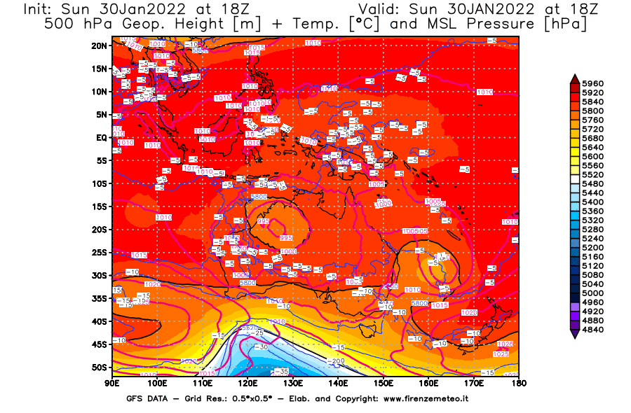 Mappa di analisi GFS - Geopotenziale [m] + Temp. [°C] a 500 hPa + Press. a livello del mare [hPa] in Oceania
							del 30/01/2022 18 <!--googleoff: index-->UTC<!--googleon: index-->