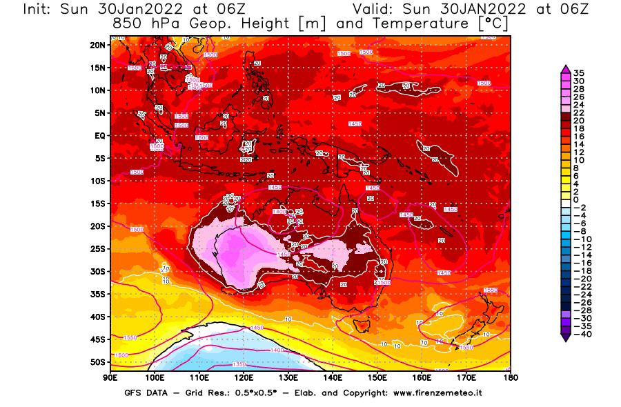 Mappa di analisi GFS - Geopotenziale [m] e Temperatura [°C] a 850 hPa in Oceania
							del 30/01/2022 06 <!--googleoff: index-->UTC<!--googleon: index-->
