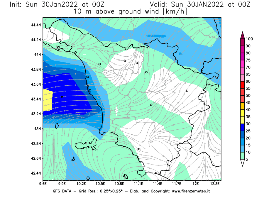 Mappa di analisi GFS - Velocità del vento a 10 metri dal suolo [km/h] in Toscana
							del 30/01/2022 00 <!--googleoff: index-->UTC<!--googleon: index-->