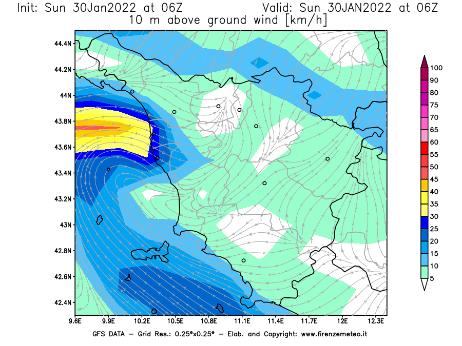 Mappa di analisi GFS - Velocità del vento a 10 metri dal suolo [km/h] in Toscana
							del 30/01/2022 06 <!--googleoff: index-->UTC<!--googleon: index-->