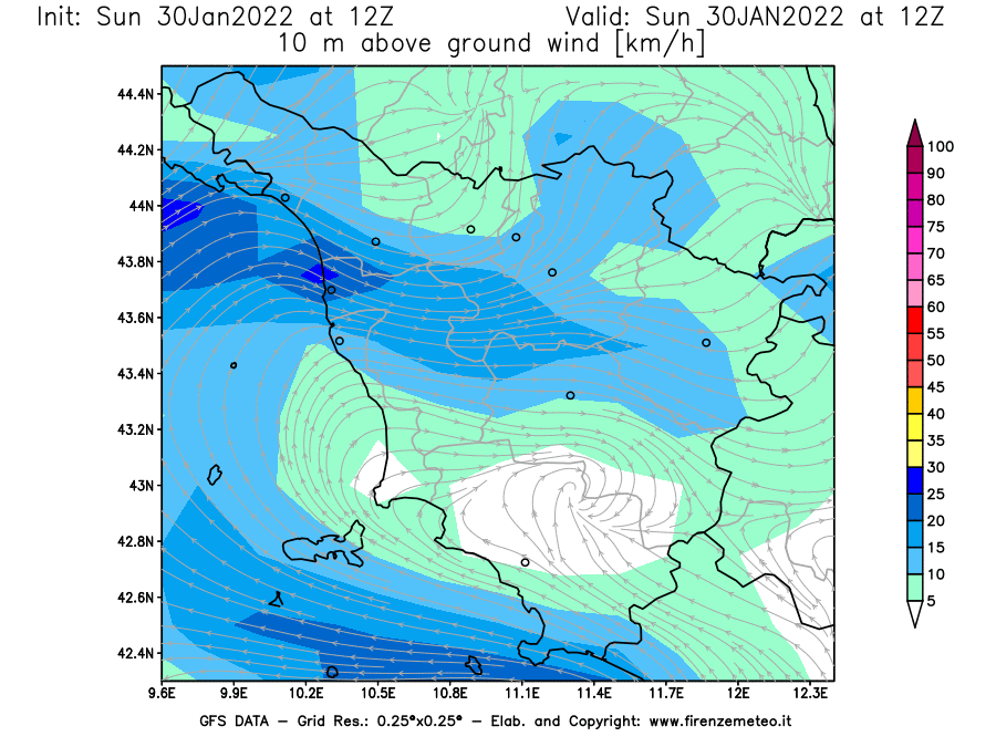 Mappa di analisi GFS - Velocità del vento a 10 metri dal suolo [km/h] in Toscana
							del 30/01/2022 12 <!--googleoff: index-->UTC<!--googleon: index-->