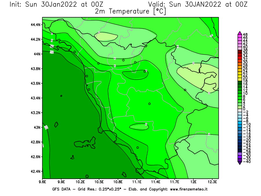 Mappa di analisi GFS - Temperatura a 2 metri dal suolo [°C] in Toscana
							del 30/01/2022 00 <!--googleoff: index-->UTC<!--googleon: index-->