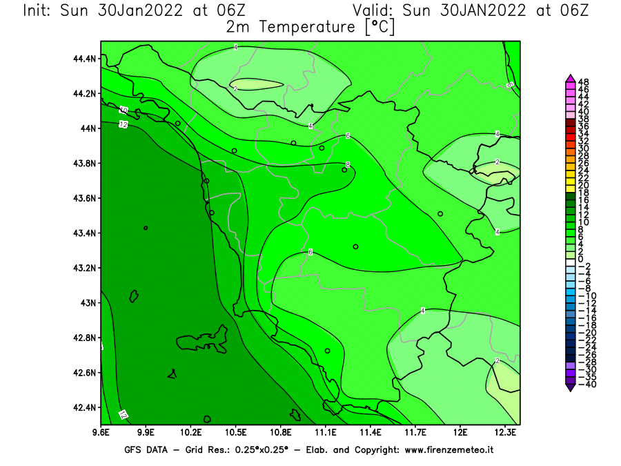 Mappa di analisi GFS - Temperatura a 2 metri dal suolo [°C] in Toscana
							del 30/01/2022 06 <!--googleoff: index-->UTC<!--googleon: index-->