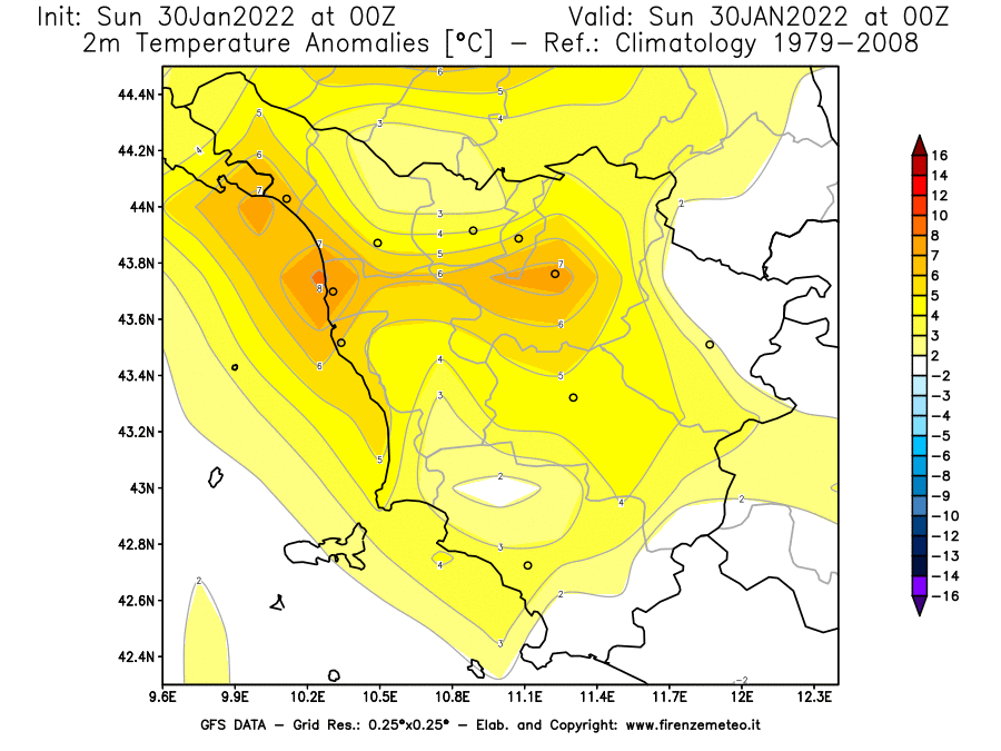 Mappa di analisi GFS - Anomalia Temperatura [°C] a 2 m in Toscana
							del 30/01/2022 00 <!--googleoff: index-->UTC<!--googleon: index-->