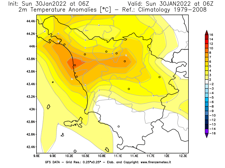 Mappa di analisi GFS - Anomalia Temperatura [°C] a 2 m in Toscana
							del 30/01/2022 06 <!--googleoff: index-->UTC<!--googleon: index-->