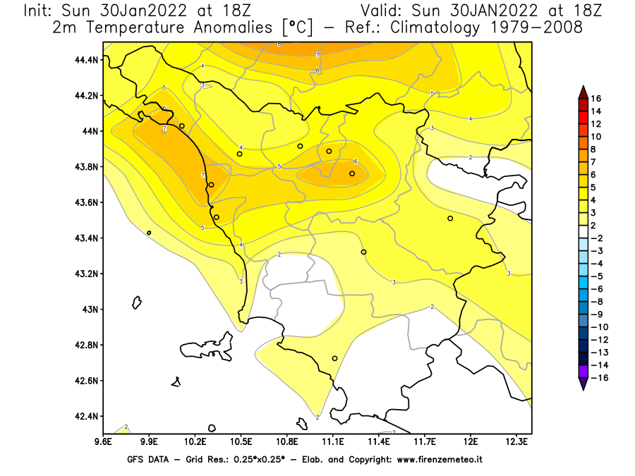 Mappa di analisi GFS - Anomalia Temperatura [°C] a 2 m in Toscana
							del 30/01/2022 18 <!--googleoff: index-->UTC<!--googleon: index-->