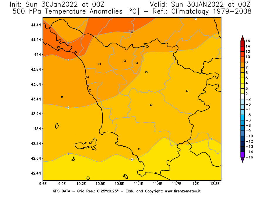 Mappa di analisi GFS - Anomalia Temperatura [°C] a 500 hPa in Toscana
							del 30/01/2022 00 <!--googleoff: index-->UTC<!--googleon: index-->