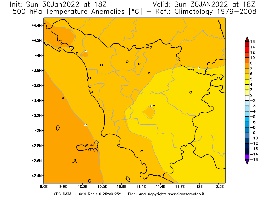 Mappa di analisi GFS - Anomalia Temperatura [°C] a 500 hPa in Toscana
							del 30/01/2022 18 <!--googleoff: index-->UTC<!--googleon: index-->
