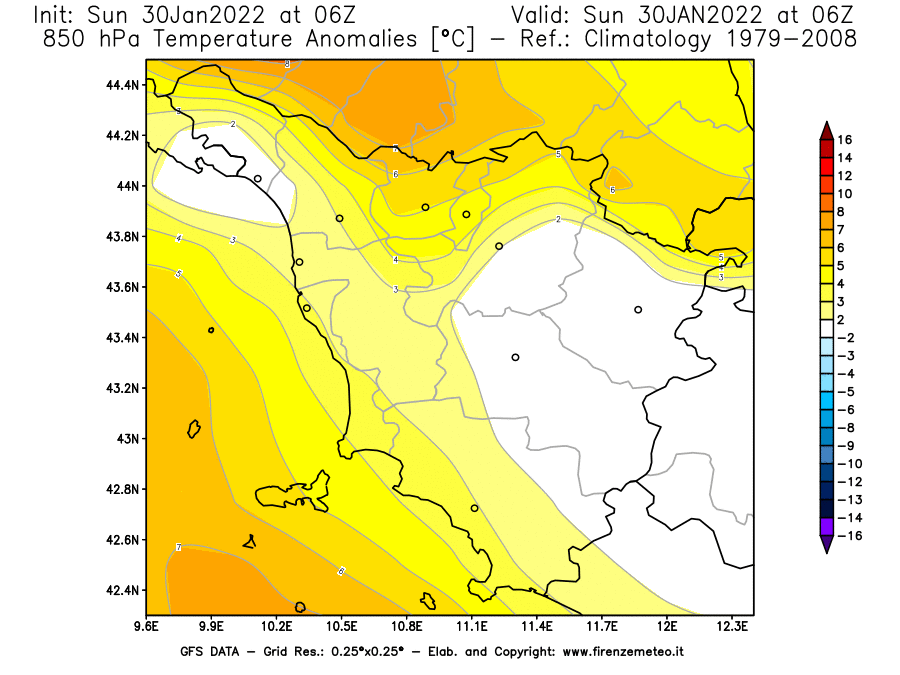 Mappa di analisi GFS - Anomalia Temperatura [°C] a 850 hPa in Toscana
							del 30/01/2022 06 <!--googleoff: index-->UTC<!--googleon: index-->