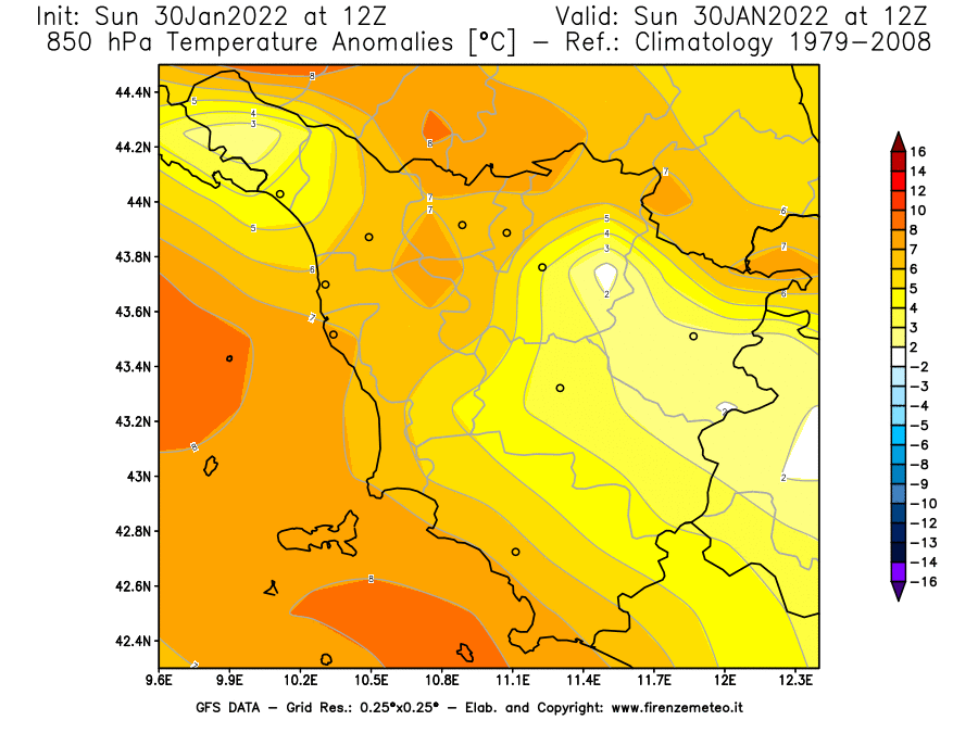 Mappa di analisi GFS - Anomalia Temperatura [°C] a 850 hPa in Toscana
							del 30/01/2022 12 <!--googleoff: index-->UTC<!--googleon: index-->