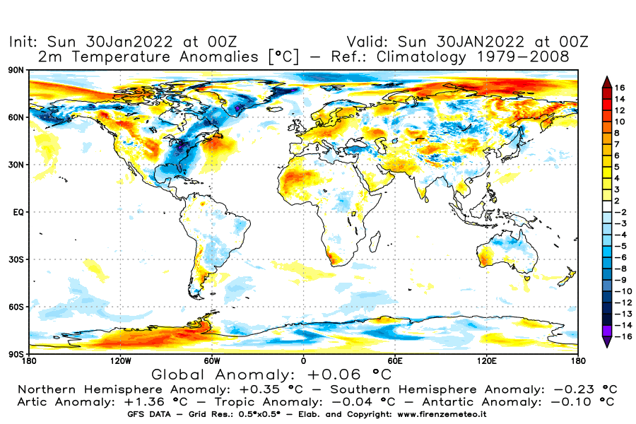 Mappa di analisi GFS - Anomalia Temperatura [°C] a 2 m in World
							del 30/01/2022 00 <!--googleoff: index-->UTC<!--googleon: index-->
