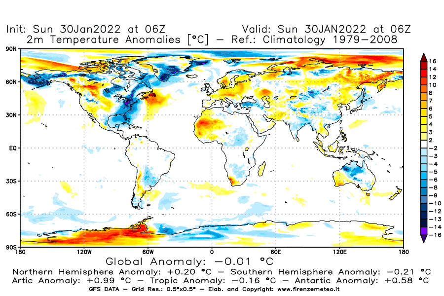 Mappa di analisi GFS - Anomalia Temperatura [°C] a 2 m in World
							del 30/01/2022 06 <!--googleoff: index-->UTC<!--googleon: index-->