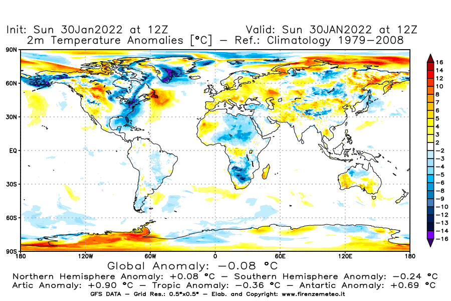 Mappa di analisi GFS - Anomalia Temperatura [°C] a 2 m in World
							del 30/01/2022 12 <!--googleoff: index-->UTC<!--googleon: index-->