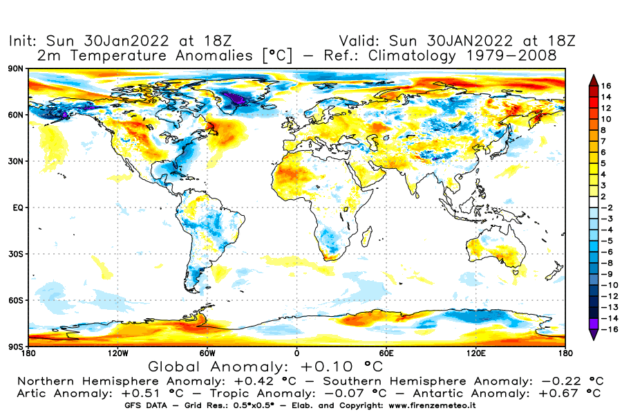 Mappa di analisi GFS - Anomalia Temperatura [°C] a 2 m in World
							del 30/01/2022 18 <!--googleoff: index-->UTC<!--googleon: index-->