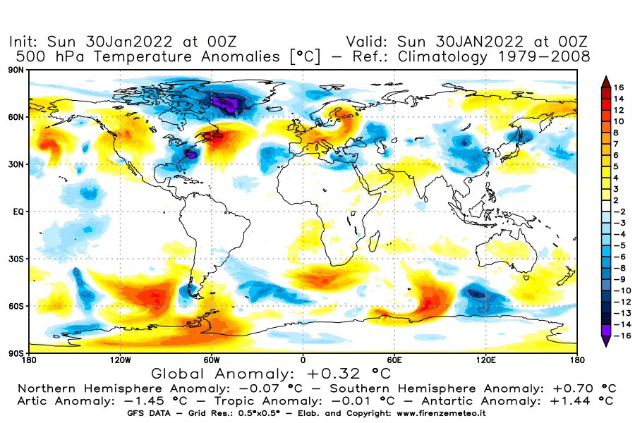 Mappa di analisi GFS - Anomalia Temperatura [°C] a 500 hPa in World
							del 30/01/2022 00 <!--googleoff: index-->UTC<!--googleon: index-->