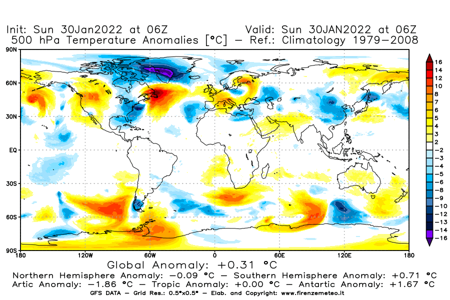 Mappa di analisi GFS - Anomalia Temperatura [°C] a 500 hPa in World
							del 30/01/2022 06 <!--googleoff: index-->UTC<!--googleon: index-->